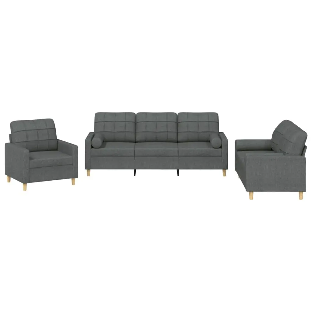 3 Piece Sofa Set Living Room Grey Fabric Couch