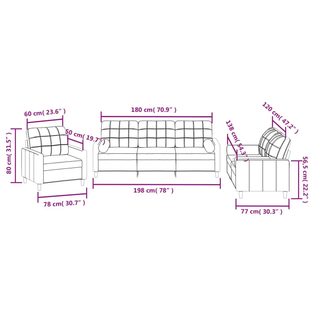 3 Piece Black Fabric Sofa Set