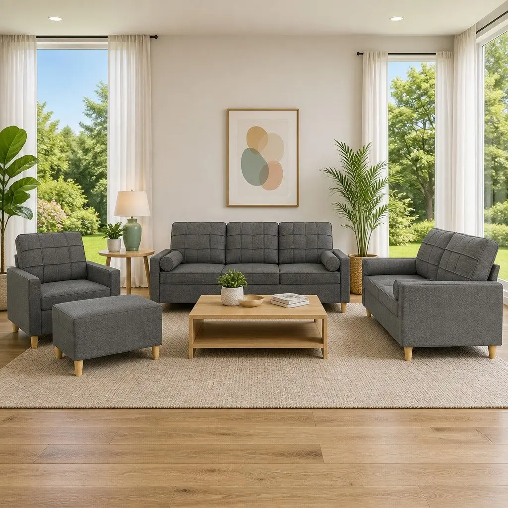 4 Piece Sofa Set Grey Fabric Lounge Living Room