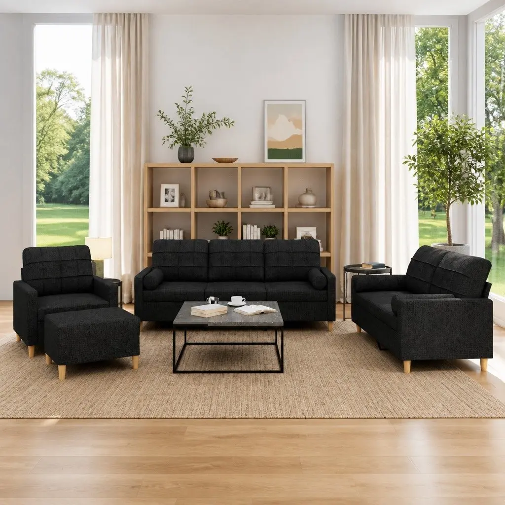 4 Piece Black Fabric Sofa Set with Ottoman