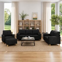 Specifications of 4 Piece Black Fabric Sofa Set with Ottoman