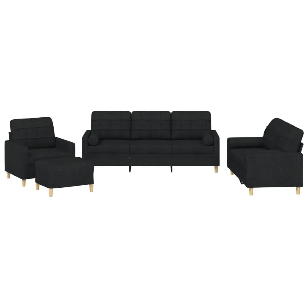 4 Piece Black Fabric Sofa Set with Ottoman