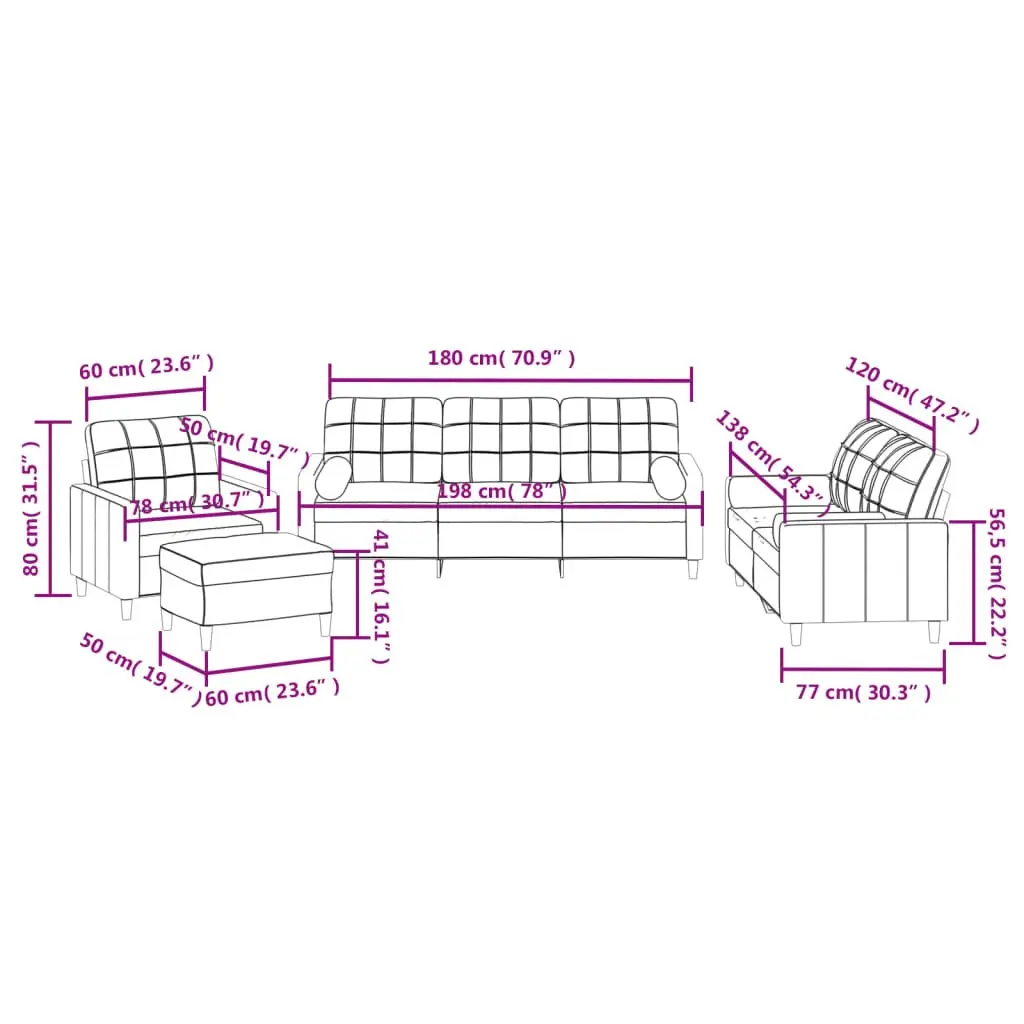 4 Piece Black Fabric Sofa Set with Ottoman