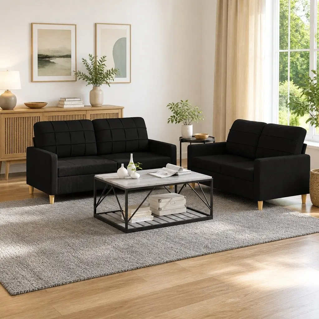 2 Piece Sofa Set Black Fabric Living Room Seating Couch Modern