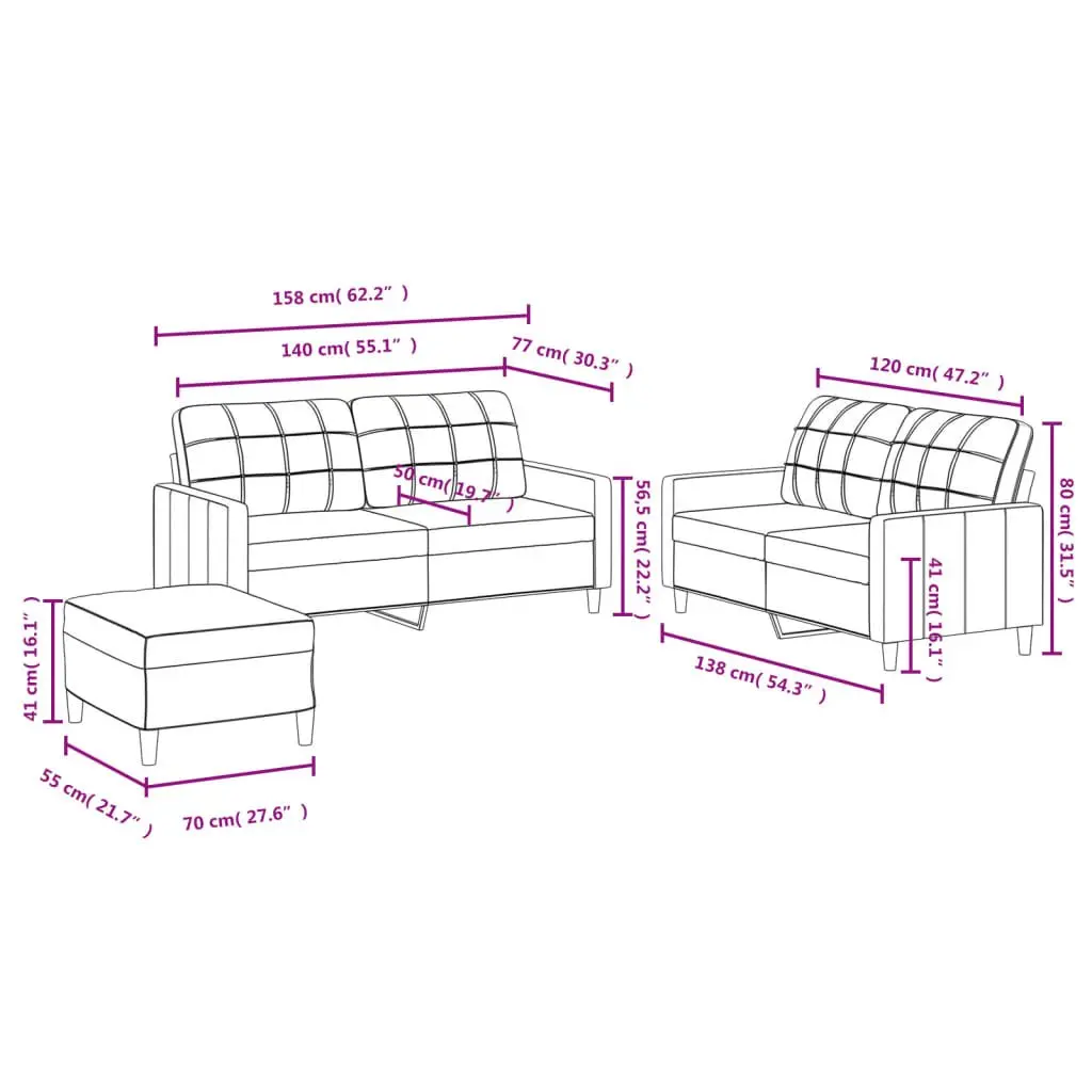 3 Piece Grey Fabric Sofa Set