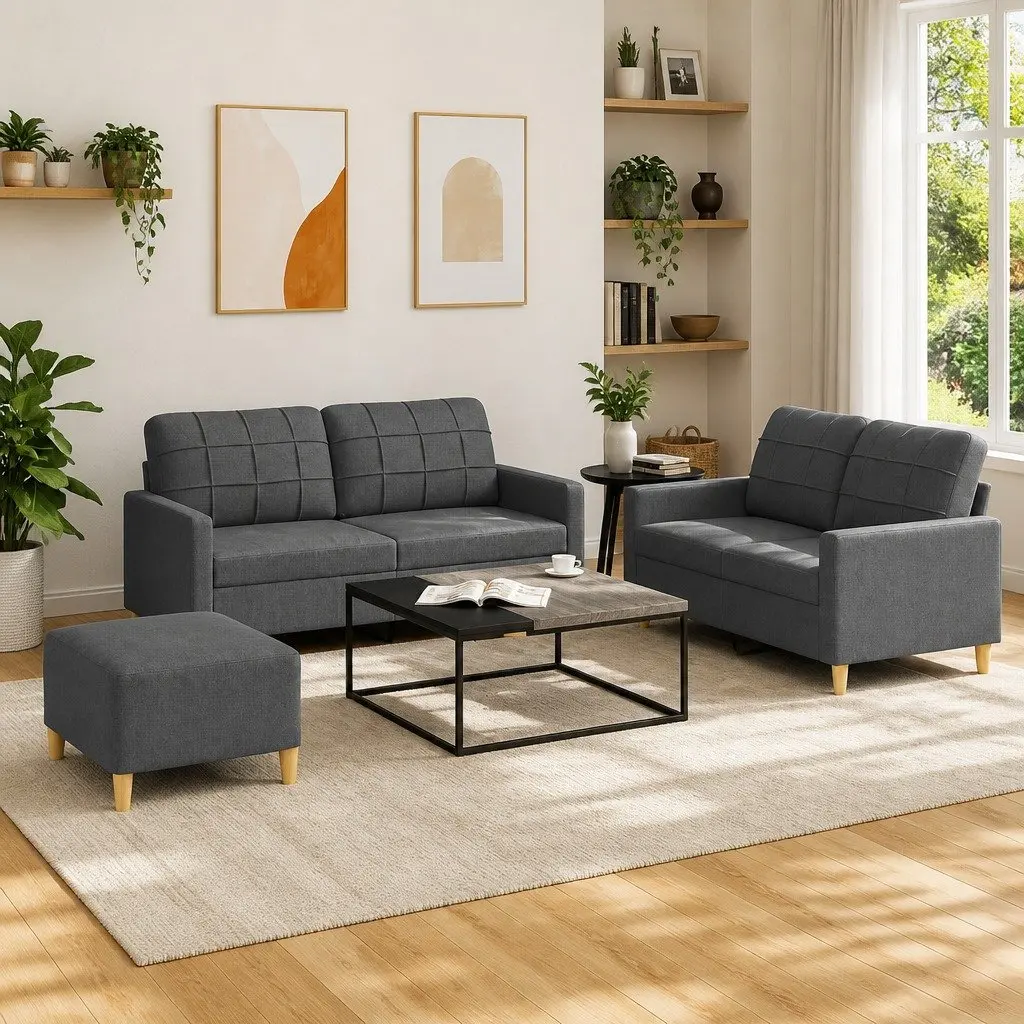 3 Piece Sofa Set with Footstool Grey Fabric Lounge Suite Living Room Furniture