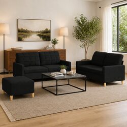 3 Piece Sofa Set Specifications: Black Fabric Comfort