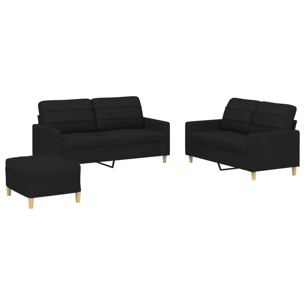 3 Piece Sofa Set with Footstool Black Fabric Living Room Lounge Suite Seating