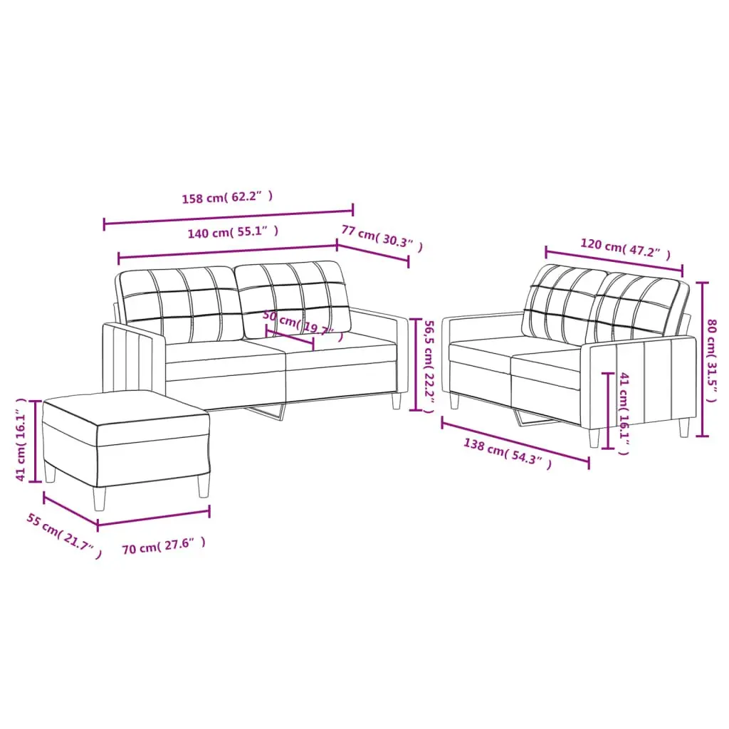 3 Piece Sofa Set with Footstool Black Fabric Living Room Lounge Suite Seating