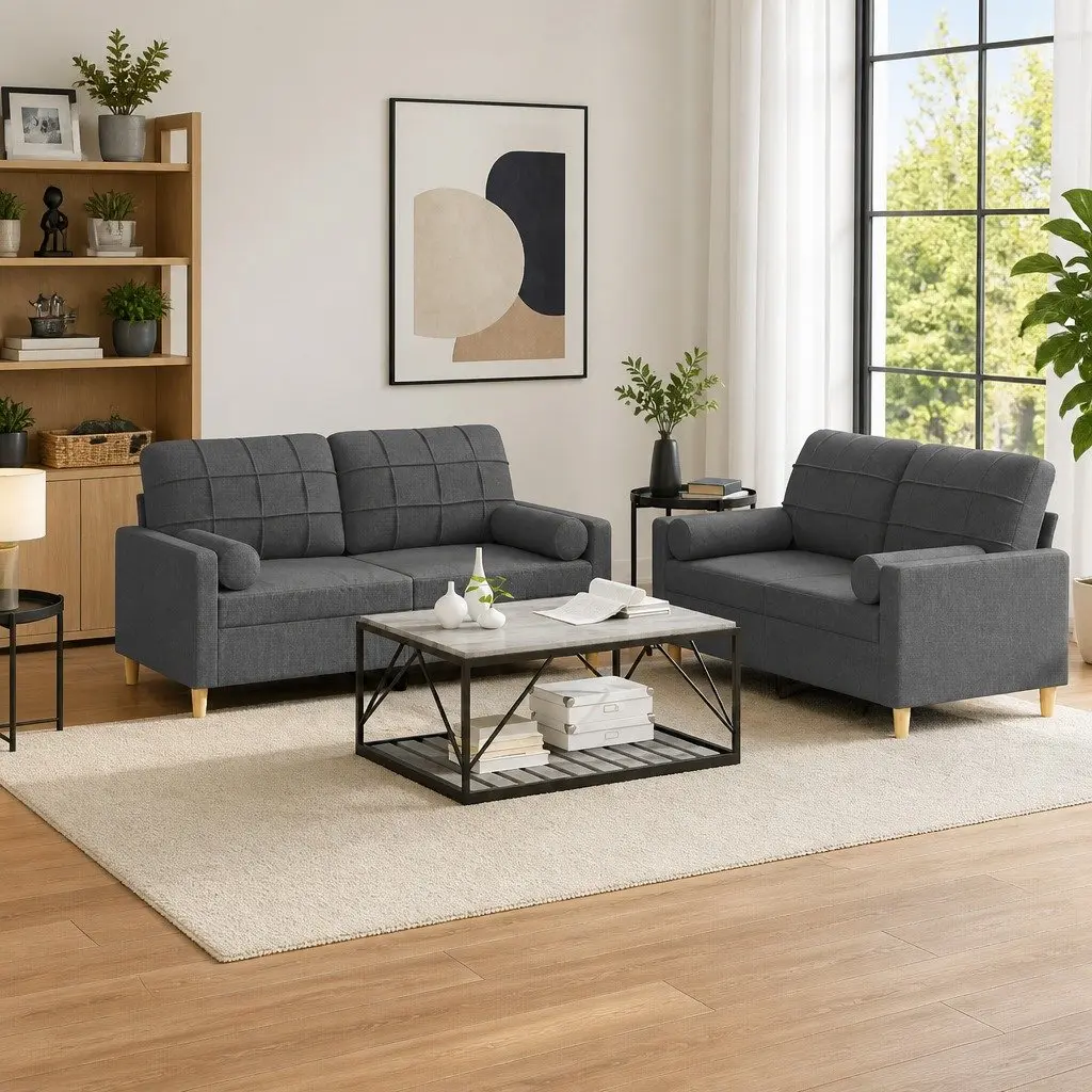 2 Piece Sofa Set Grey Fabric Couch Living Room