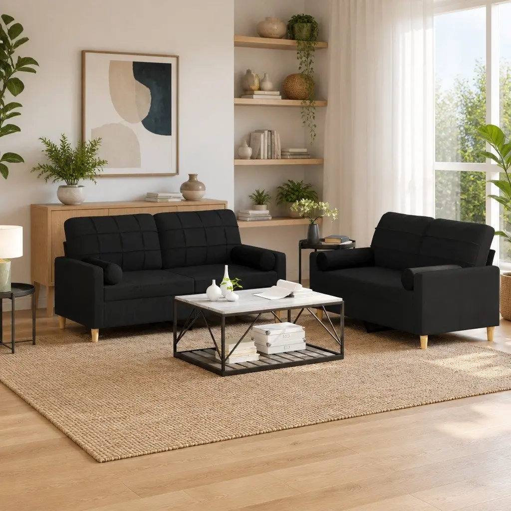Black Fabric Couch Set for Lounge Use with Throw Pillows 2 Piece