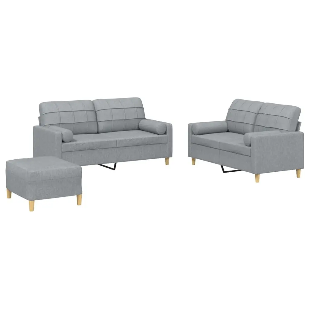 3 Piece Sofa Set with Footstool and Pillows Grey Fabric Living Room Lounge Suite