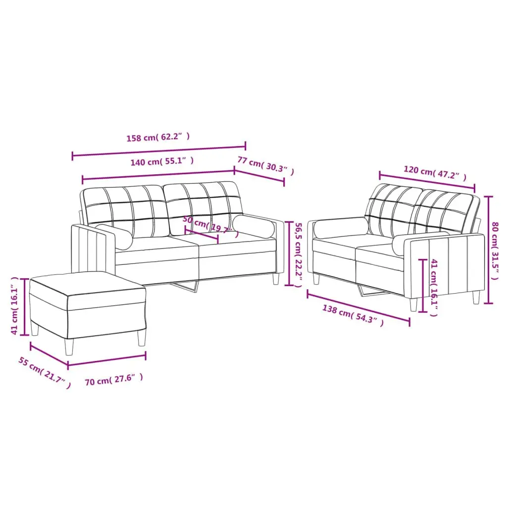3 Piece Sofa Set with Footstool and Pillows Grey Fabric Living Room Lounge Suite
