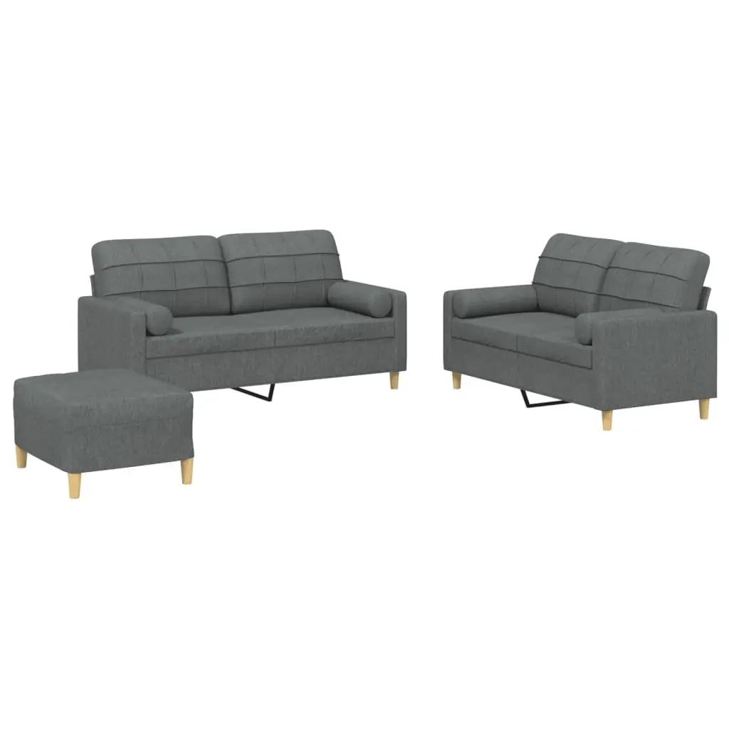 3 Piece Sofa Set Grey Fabric Couch with Pillows Footstool Living Room Seating
