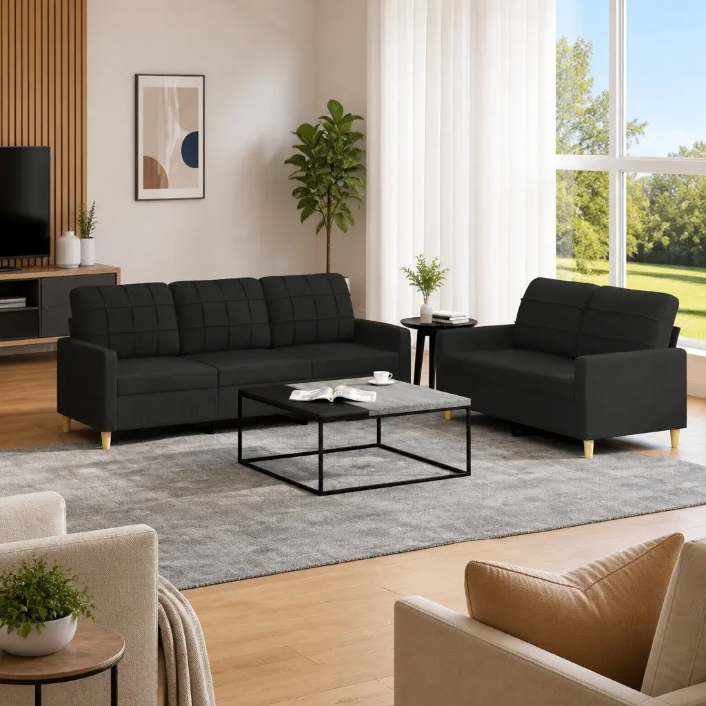 Black Fabric Sofa Set for Living Room Lounge Seating 2 Piece with Cushions