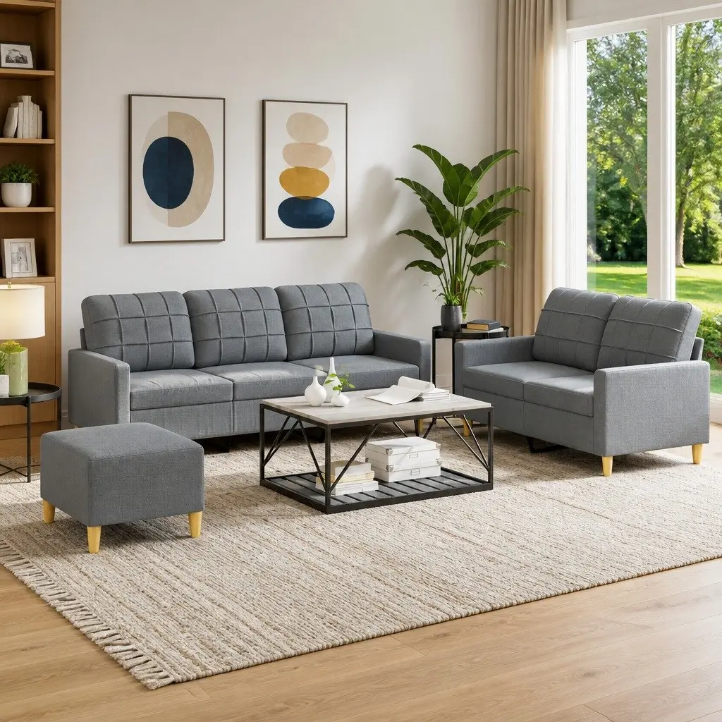 3 Piece Grey Fabric Sofa Set