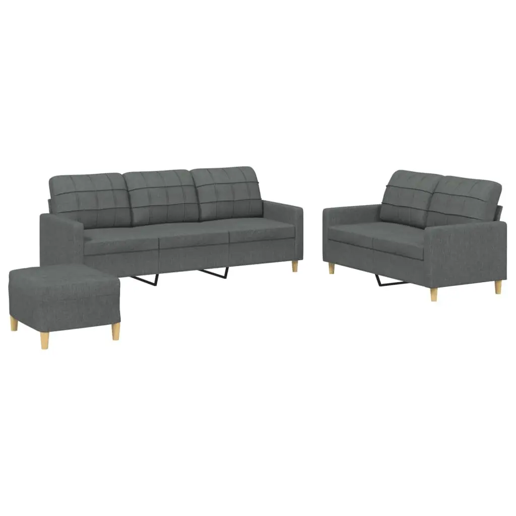 3 Piece Sofa Set with Footstool Grey Fabric Living Room Lounge Seating Cushions