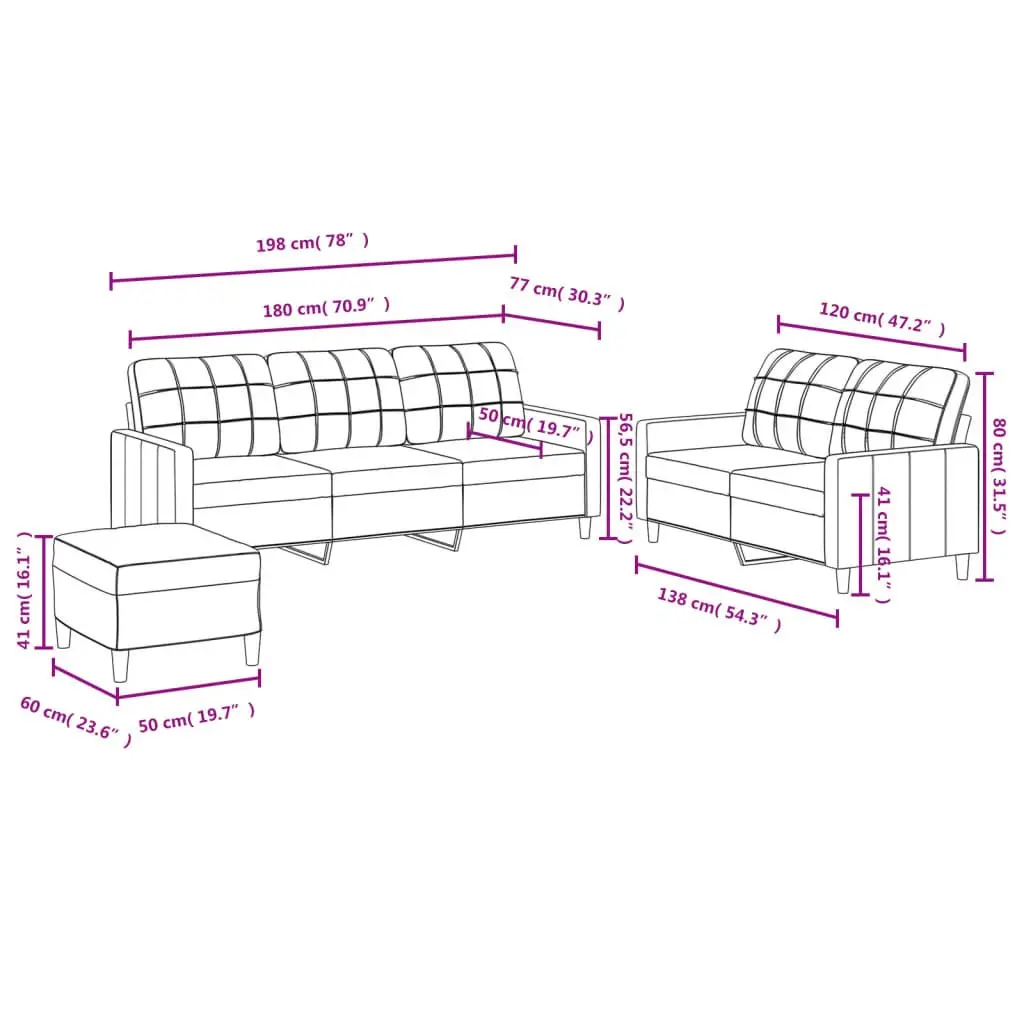 3 Piece Sofa Set with Footstool Grey Fabric Living Room Lounge Seating Cushions