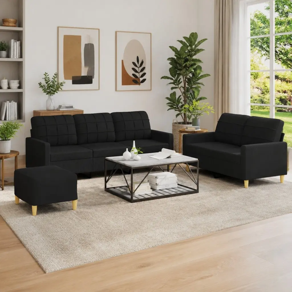 3 Piece Black Fabric Sofa Set with Cushions