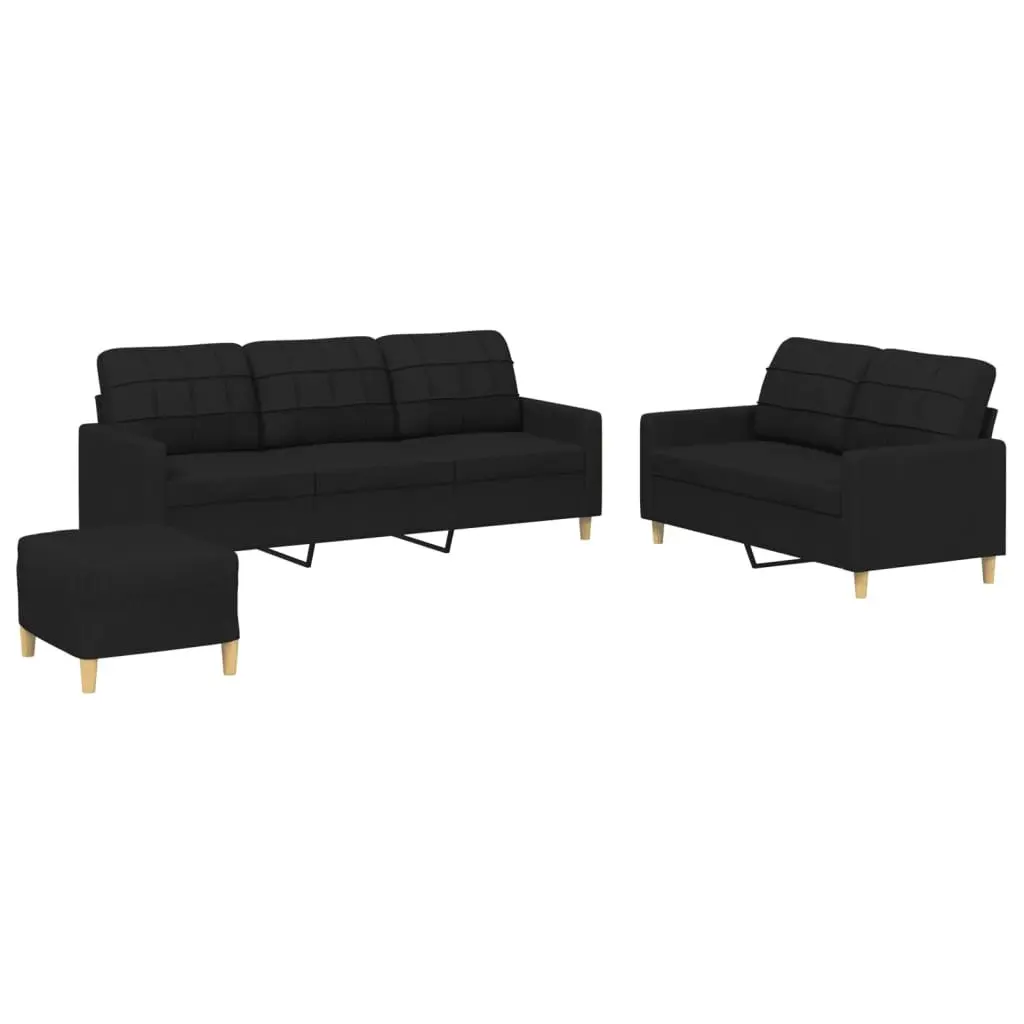 3 Piece Black Fabric Sofa Set with Cushions