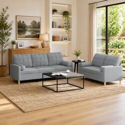2 Piece Sofa Set - Grey Fabric, Plywood and Metal Frame