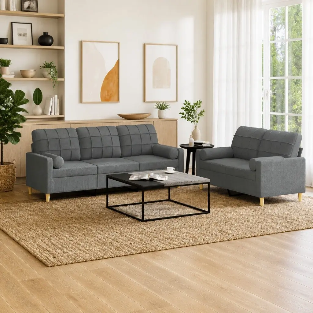 2 Piece Sofa Set Grey Fabric Couch Lounge for Living Room