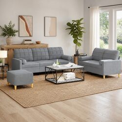 3 Piece Sofa Set with Roll Pillows Footstool Grey Fabric Living Room Furniture