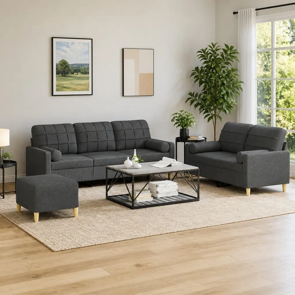 3 Piece Sofa Set Grey Fabric Lounge with Pillows Footstool Living Room Furniture