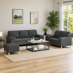 Grey Fabric Sofa Set: 3 Pieces, Pillows & Footstool Included