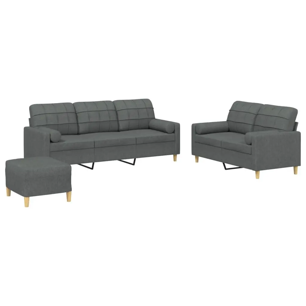 3 Piece Sofa Set Grey Fabric Lounge with Pillows Footstool Living Room Furniture