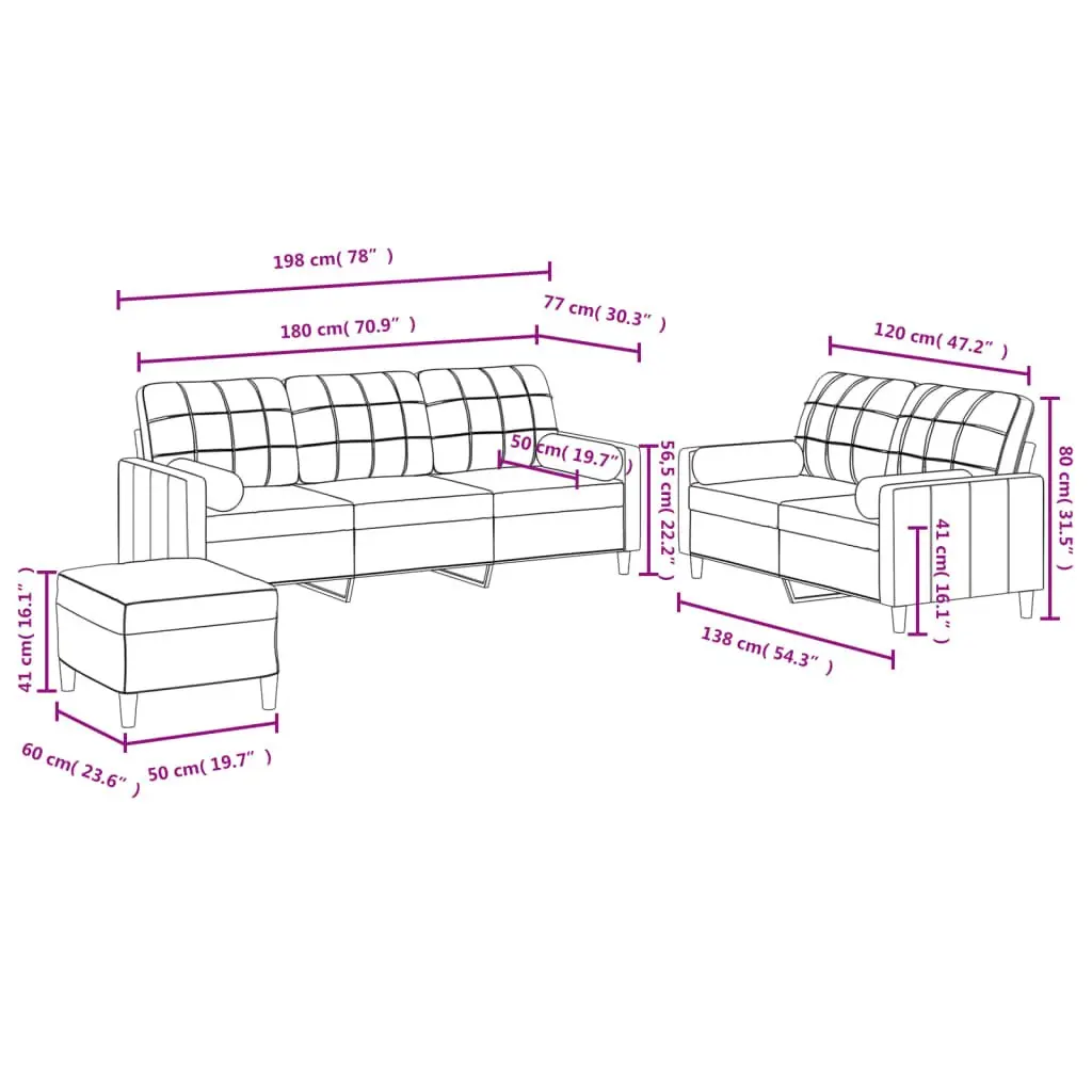 3 Piece Sofa Set Grey Fabric Lounge with Pillows Footstool Living Room Furniture