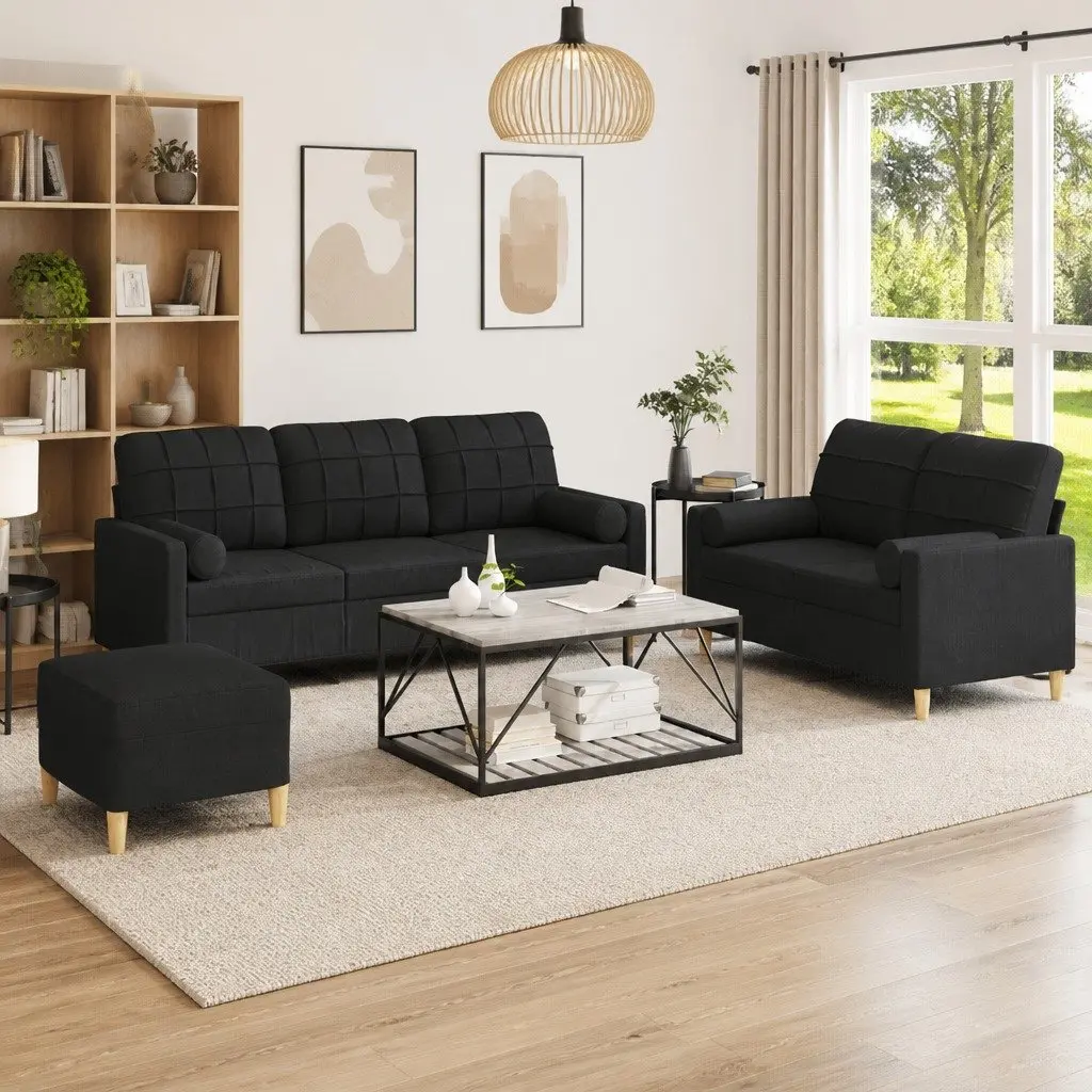 3 Piece Sofa Set for Living Room Black Fabric Lounge Suite