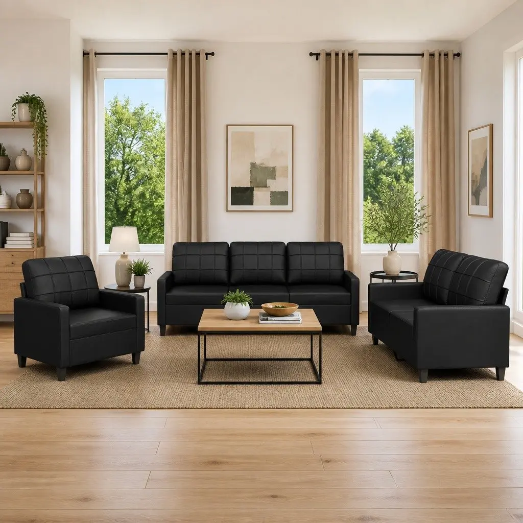 3 Piece Black Faux Leather Sofa Set with Cushions