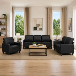 3 Piece Black Faux Leather Sofa Set with Cushions