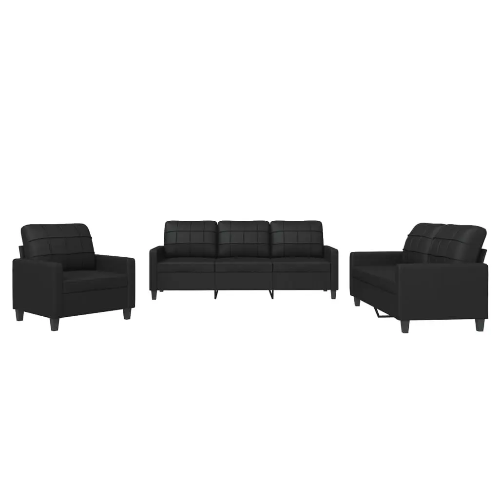 3 Piece Black Faux Leather Sofa Set with Cushions
