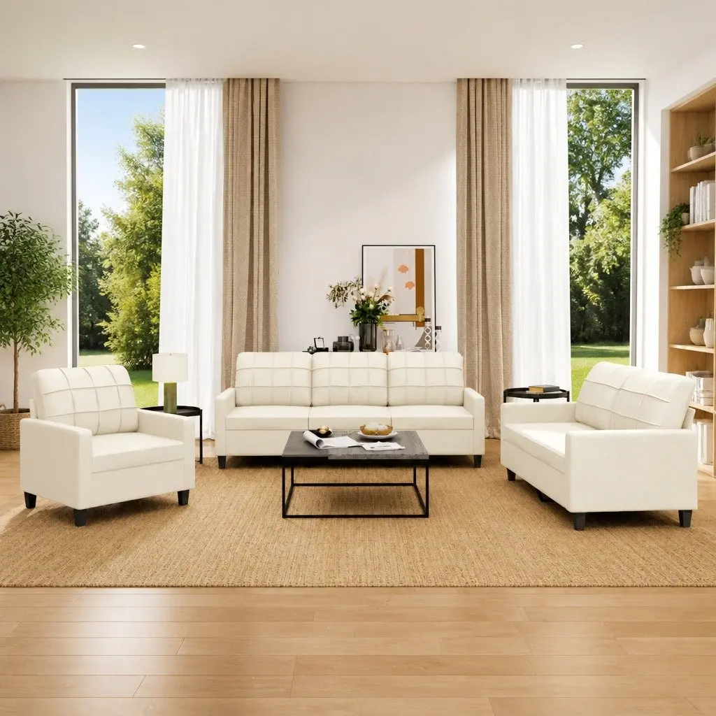 3 Piece Sofa Set Living Room Cream Faux Leather Couch