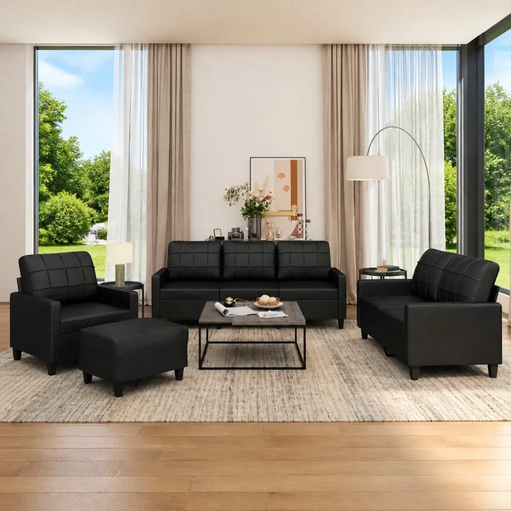 4 Piece Sofa Set for Living Room Black Faux Leather