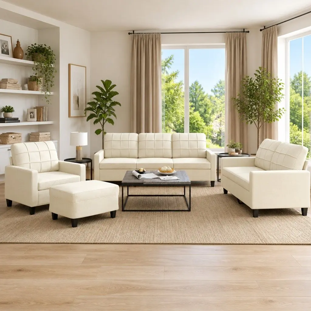 4 Piece Cream Faux Leather Sofa Set