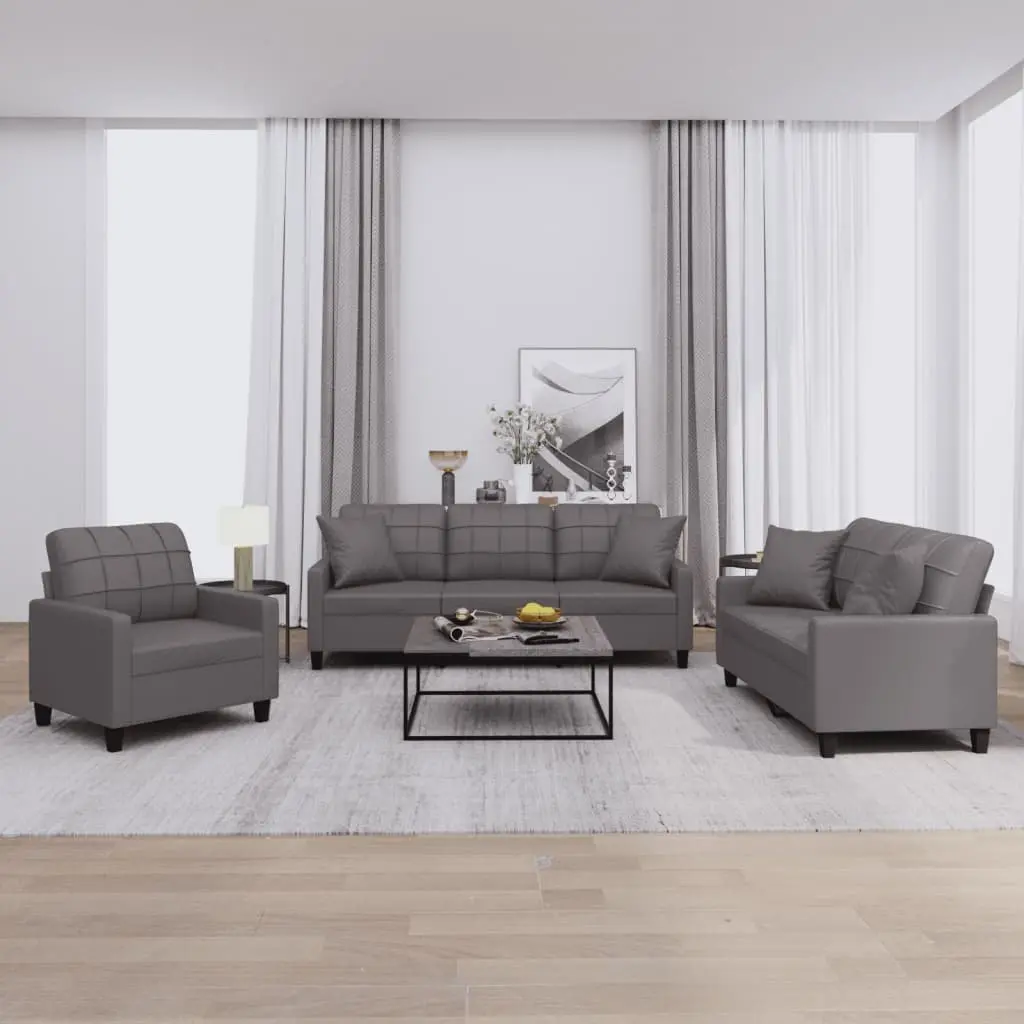 3 Piece Sofa Set Living Room Grey Faux Leather Couch with Throw Pillows