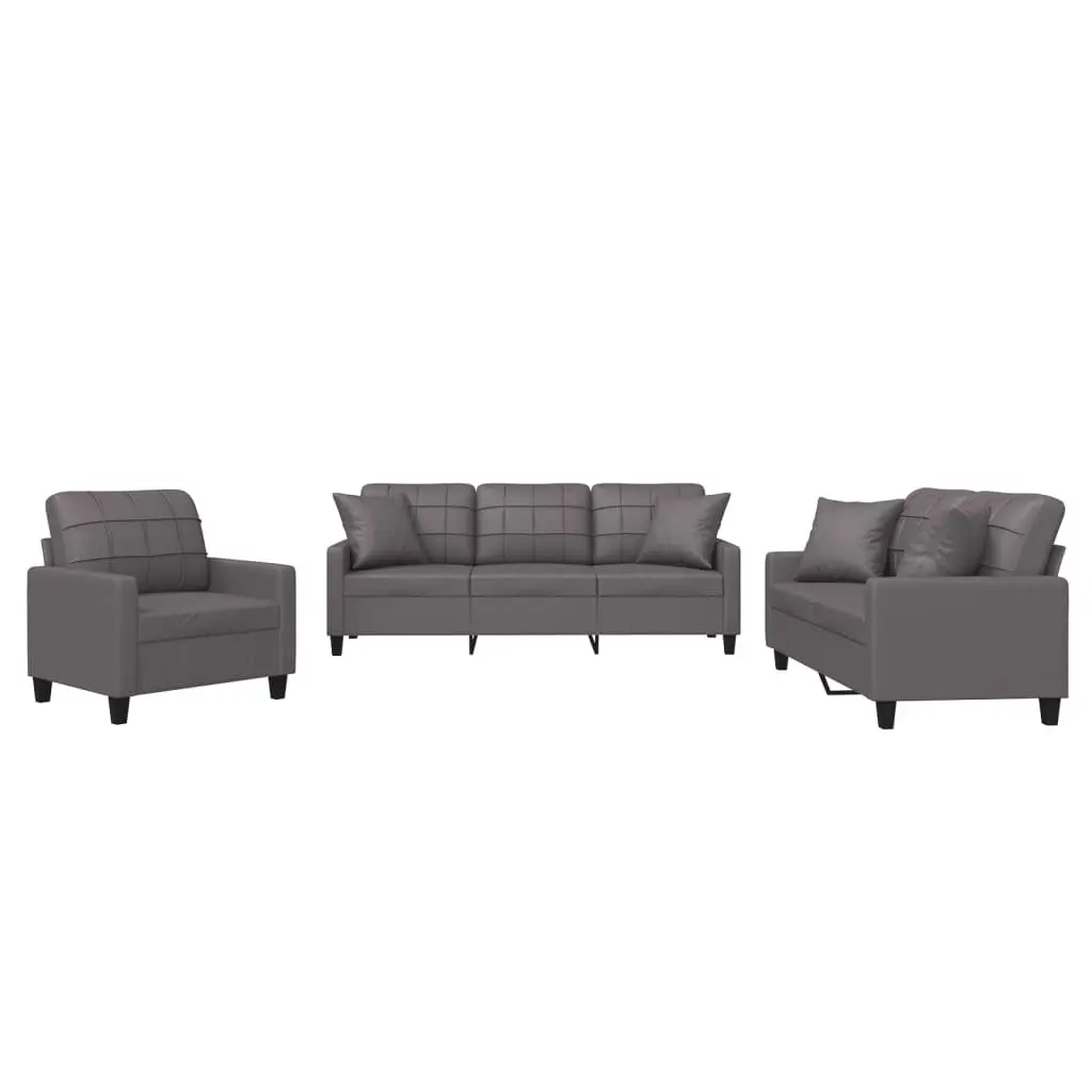 3 Piece Sofa Set Living Room Grey Faux Leather Couch with Throw Pillows