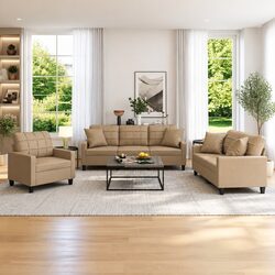 3-Piece Sofa Set with Brown Faux Leather Upholstery