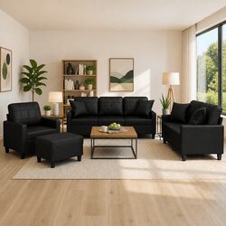 4 Piece Black Faux Leather Sofa Set Specifications and Features