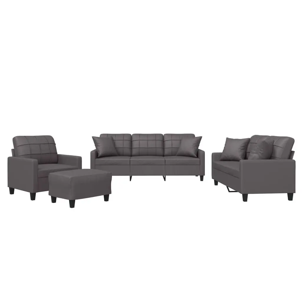 4 Piece Grey Faux Leather Sofa Set