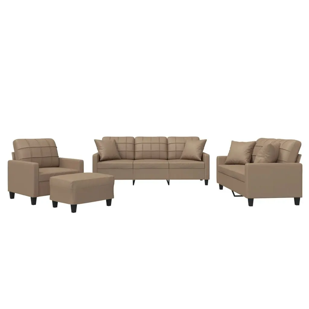 4 Piece Sofa Set Brown Faux Leather Lounge Suite with Pillows Footstool