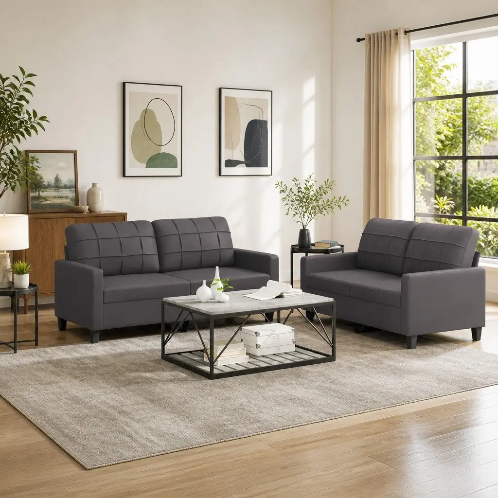 Sofa Set Living Room Grey Faux Leather 2 Piece