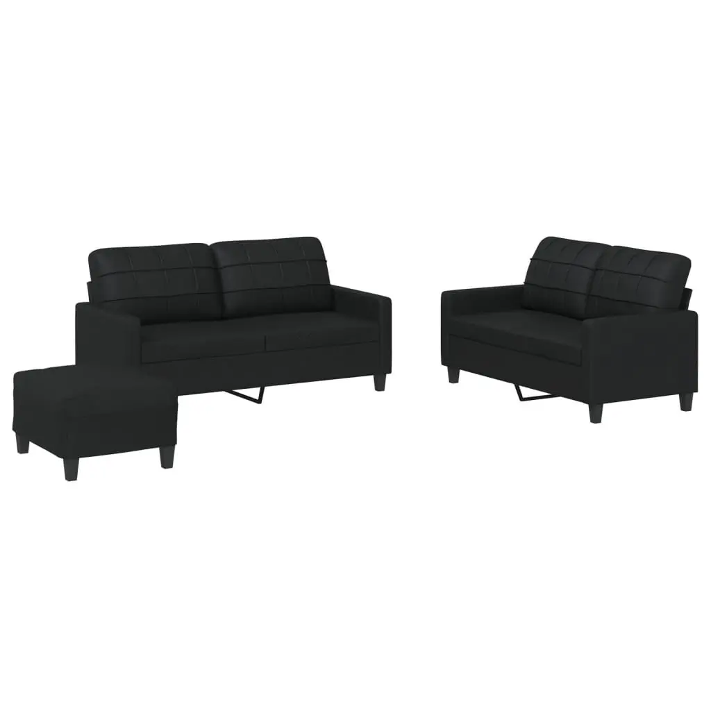 3 Piece Sofa Set with Footstool Cushions Black Faux Leather Living Room