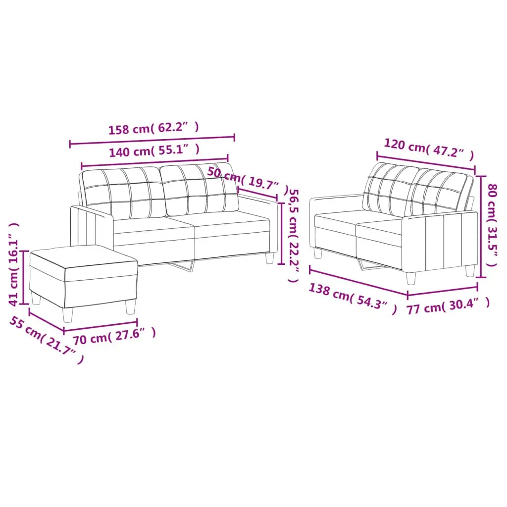 3 Piece Sofa Set with Footstool Cushions Black Faux Leather Living Room