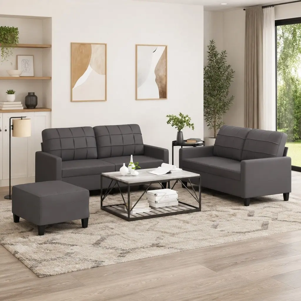 3 Piece Sofa Set with Footstool Cushions Grey Lounge Suite Living Room Furniture