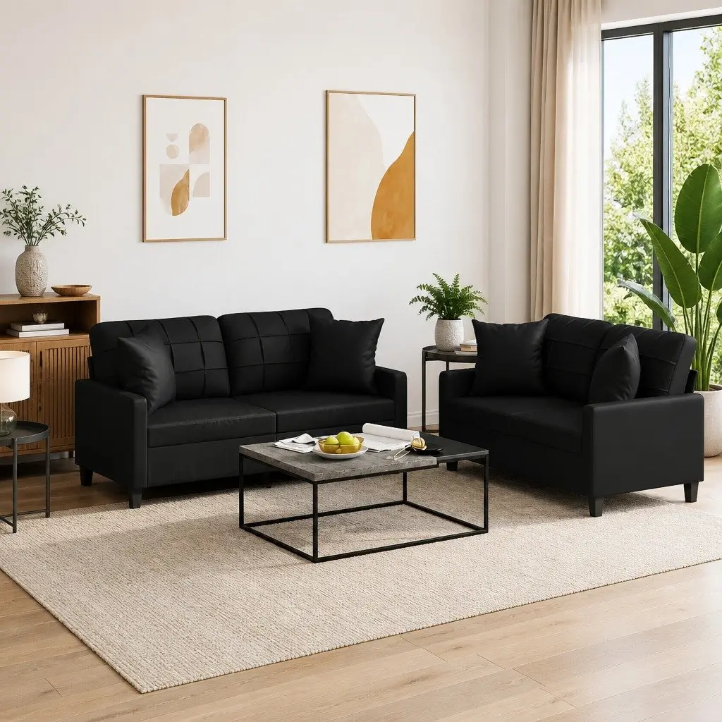 2 Piece Sofa Set Black Faux Leather Lounge Couch with Throw Pillows Living Room