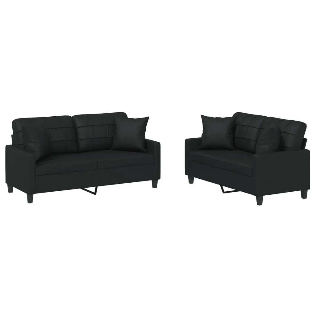 2 Piece Sofa Set Black Faux Leather Lounge Couch with Throw Pillows Living Room